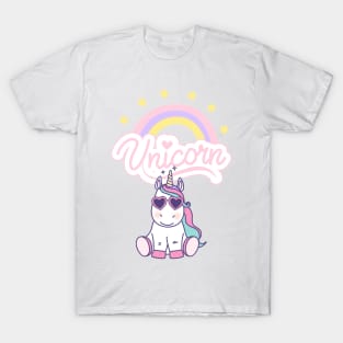 Cute Unicorn with Glasses, Rainbow, And Stars T-Shirt